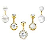 Crdifu 5 Pièces Piercing Nombril Court 6mm en Acier Chirurgical 316L, 1.6mm Anneaux de Ventre Doré avec Opale Zircon Transparent et Perle, Bijoux de Corps Hypoallergénique pour Femme