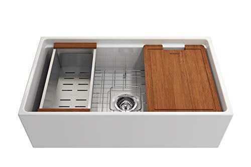 Bocchi Contempo Workstation Apron Front Step Rim Fireclay 33 In. Single Bowl Kitchen Sink With Accessories In White #TOP7