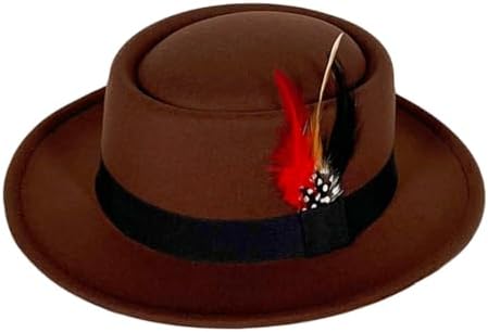 Wool Felt Fedora Hats for Women Men, Wide Brim Flat Top Hat Porkpie Hat, Jazz Hat with Feather Unisex