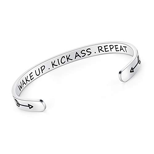 SAM & LORI Wake Up Kick Ass Repeat Inspirational Cuff Bracelet Bangle Motivational Mantra Quote Stainless Steel Engraved Best Friend Sister Gift for Women Teen Girls with Hidden Message