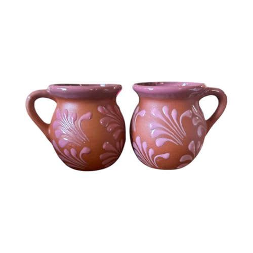 Set of 2 Mexican Pottery Mugs – Pink Terracotta Talavera Style Design, 12 oz Clay Tazas, Handmade Large Coffee Cups