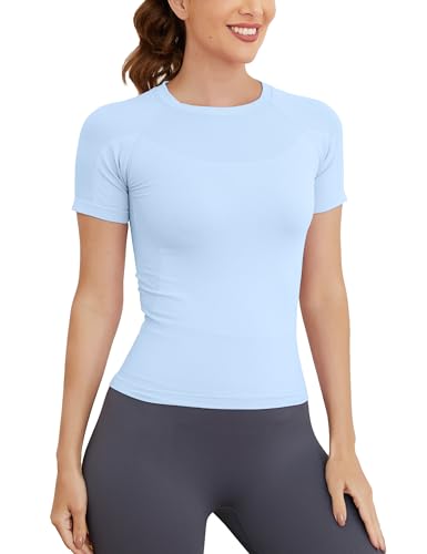Image of MathCat Short Sleeve Workout Tops for Women, Seamless Women's Compression Shirt, Yoga Running Athletic Shirts Soft Gym Tops