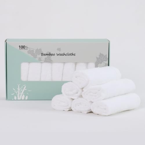 Baby Washcloths 100% Organic Bamboo Bath Washcloth Reusable Face Towels Anti-Bacterial Soft Towel Set Perfect for Newborn White(8 Pack)
