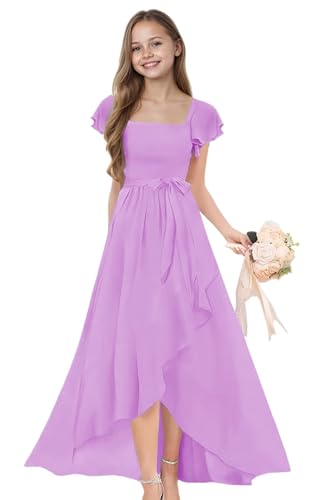 dideyttawl Long Junior Bridesmaid Dresses Ruffle Sleeve Square Neck Chiffon Flower Girl Dress for Wedding 2507