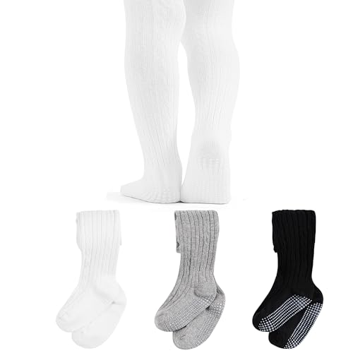 Baby Strumpfhose für Mädchen Anti Rutsch - 3er Pack Baumwolle Unisex Krabbelstrumpfhose Jungen babystrumpfhose für Neugeborene Säuglinge Kleinkinder (2 Jahre-4 Jahre) - Schwarz Weiß Rosa Grau