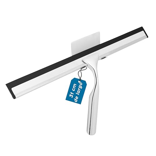 kowald Rasqueta limpiacristales - Acero Inoxidable Cromado - 31cm de Ancho - con Gancho Adhesivo y 1 Hoja de Silicona de Repuesto - para Ducha y Mampara Profesional