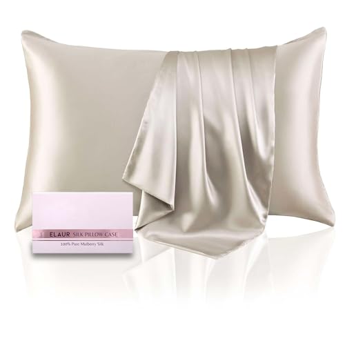 ELAUR 100% Mulberry Silk Pillowcase for Hair and Skin Health Soft and Smooth Both Sides Premium Grade 6A Silk 600 Thread Count Cooling with Hidden Zipper 1pc (Champagne)