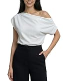 EMOTTOS Sexy Top Mujer Asimétrico con un Hombro Descubierto y Plisado, Camiseta de Manga Corta Hombros Drapeada y Ajuste Slim, Top Elegante Outfits de Diario Fiestas Verano, Blanco, Talla Única