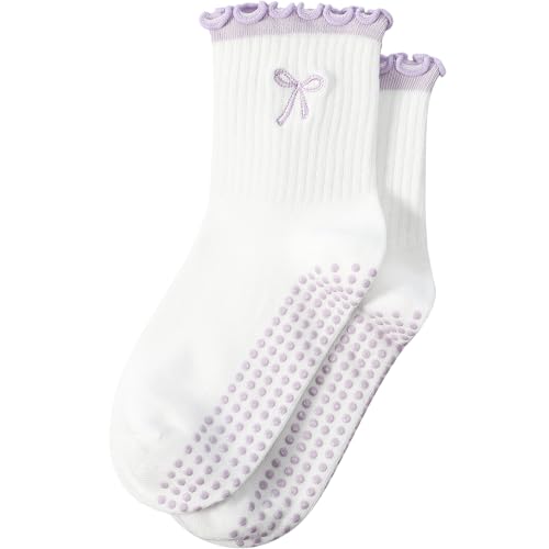 Image of Jeyiour Summer Cute Pilates Socks Women Bow Nonslip Ruffle Yoga Socks with Grip Barre Pilates Gift for Work Dance Fitness