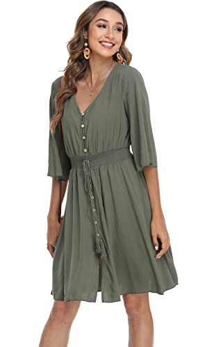 Image of VintageClothing Women's Floral Sundresses Flowy Boho Summer Beach Dress | Lightweight Breathable material,Elegant V Neck and Button Front Design,Flared Bell Sleeve Cut,Mini Casual dress