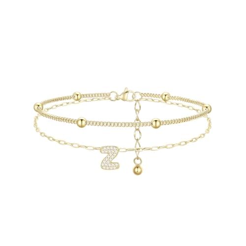 FindChic Initial Anklet for Women, Silver/Gold Plated Layered Beaded Ankle Bracelet with Cubic Zirconia Initial Charm, Adjustable Waterproof Non-Tarni