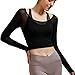 Harssidanzar Women's 2 in 1 Yoga Long Sleeve Mesh Gym Athletic Tops Workout Shirts with Medium Support Sports Bra CL301US, Black, Size Small
