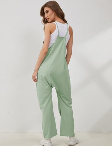 Lentta Women's Causal Jumpsuits V Neck Sleeveless Harem Overalls Stretchy Adjustable Strap Romper with Pockets(PeaGreen-M)