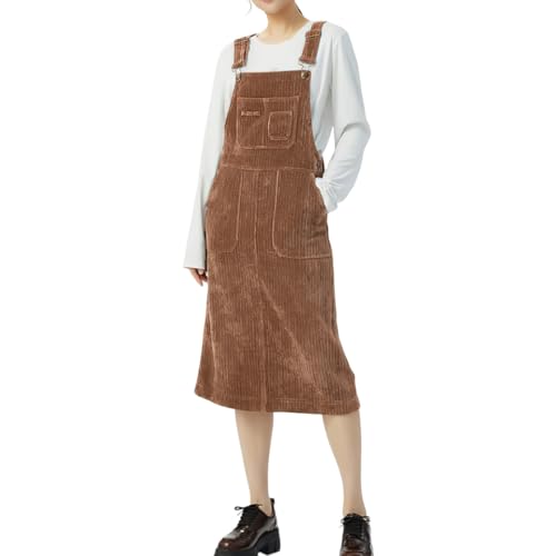 chouyatou Womens Fall Corduroy Adjustable Strap Overall Dress Pinafore Elegant Midi Tank Dress (Large Brown)