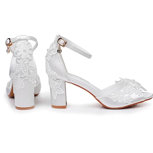 Generic Wedding Bride Shoes Women's Bridal Shoes Open Toe Chunky Heel Lace Satin Ankle Strap Comfortable Wedding Dress Pump 7.5Cm3