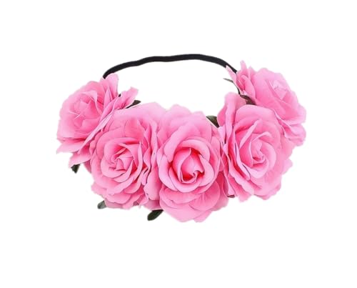 Lofruiin Women's Hawaiian Rose Flower Stretch Headband Artificial Flower Hairband Floral Crown Headpiece (Pink, Free)