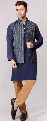 Image of Men's Cotton Silk Blend Regular Kurta Pyjama, Embroidered Nehru Jacket /Waistcoat Set