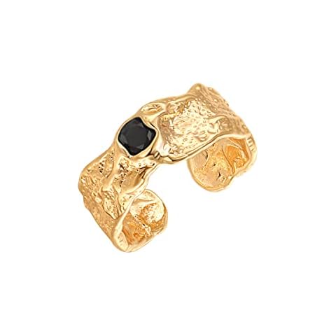 18K Gold Chunky Knuckle Rings Stacking Midi Thumb Finger Rings Black Onyx Signet Rings Vintage Dome Jewelry for Women, Non-Precious Metal, obsidian Cover
