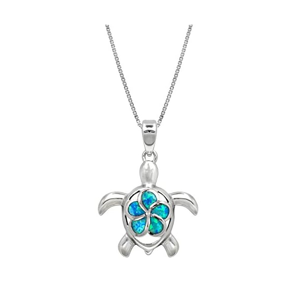 Honolulu-Jewelry-Company-Sterling-Silver-Turtle-Necklace-Pendant-with-Simulated-Blue-Opal-Flower-18-Box-Chain Honolulu Jewelry Company Sterling Silver Turtle Ocean Sea Life Necklace Pendant with Simulated Blue Opal Plumeria Flower Nature 18" Box Chain