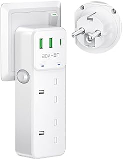 UK to European Plug Adapter, 2 Way Grounded European Travel Adapter with 2 USB Ports and 1 Type C, Double Plug Adaptor UK to EU Travel Plug for Germany Spain France Turkey Greece and More (Type E/F)