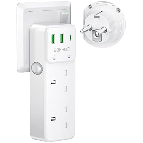 UK to European Plug Adapter, 2 Way Grounded European Travel Adapter with 2 USB Ports and 1 Type C, Double Plug Adaptor UK to EU Travel Plug for Germany Spain France Turkey Greece and More (Type E/F) Cover