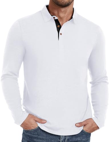 PEGENO Men's Polo Shirts Long Sleeve Contrasting Colors Advantage Performance Shirts for Men White Small