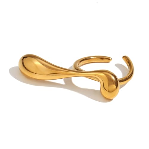 Unique Big Waterdrop Statement Open Ring for Women Girls 18k Golden Plated Long Teardrop Geometric Expandable Adjustable Stacking Finger Bands Personalized Comfort Fit Rings Jewelry Gifts Wedding