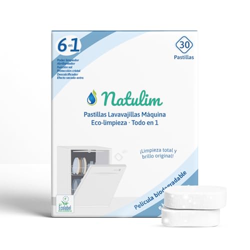 Natulim Pastillas de Lavavajillas 30 Usos - Biodegradables e Hidrosolubles 6 en 1 - Limpieza Profunda, Abrillantador, Función Sal, Protección Cristal, Descalcificador, Efecto Secado Extra