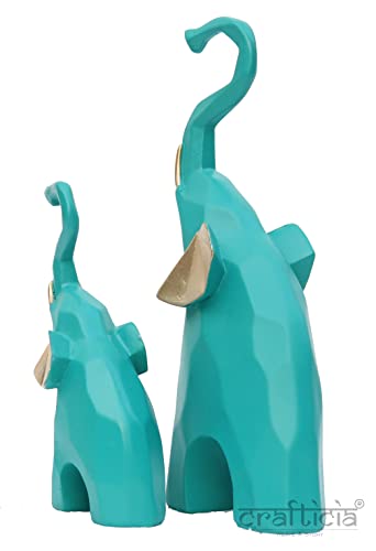 Image of Resin Elephant Pair Showpiece Geometrical Animal Figurine for Table Top Good Luck Vaastu (9 & 6 inch, Green)