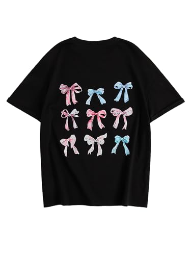 Verdusa Girl's Graphic Bow Print Tees Short Sleeve Tee Shirts Round Neck Loose Summer Tops - Main Image