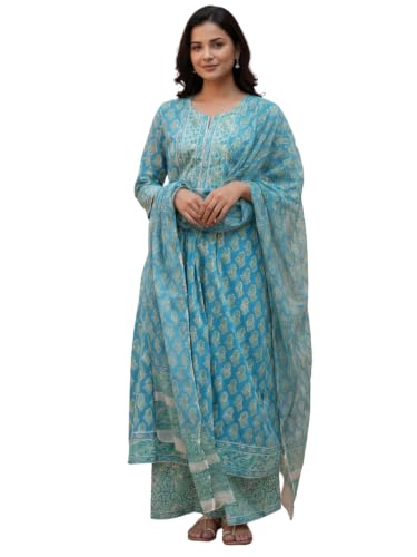 Image of Leriya Fashion Women's Rayon Printed Anarkali Kurta and Pant with Dupatta Suit | 3-Piece Printed Anarkali Kurti Set | Ethnic Festive & Office Wear Suit for Women | Elegant Suit Set for Woman