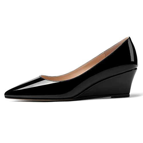 MERRORI Women's Black Solid Slip On Pointed Toe Patent Low Heel Wedge 2 Inch Pumps Shoes Size 9.5 - Ropa Y Zapatos para Mujer2