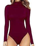 MANGOPOP Women's Mock Turtle Neck Long Sleeve Tops Bodysuit Jumpsuit (Long Sleeve Burgundy, Medium)