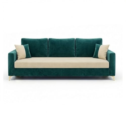 Image of Classiq Rich 5 Seater L Shape Sofa Set with 2 Movable Ottomans | Flexible Layout | Rich Velvet Suede Fabric | Silver Legs | Dual Tone Modern Sofa for Living Room (Greenish Teal-Cream)