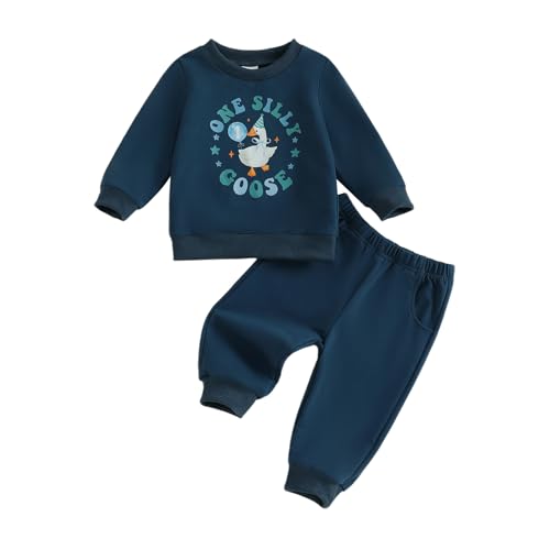 Image of AUJUBUY Baby Boy First Birthday Outfit One Silly Goose Sweatshirt Pants One Year Old 1st Birthday Clothes Cake Smash Outfit