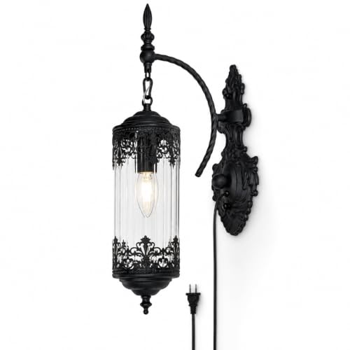 Image of Rustic Gothic Plug in Wall Sconce with Glass | Farmhouse Antique Decorative Metal Wall Light with Plug-in Cord for Hallway, Bedroom, Living Room, Entryway