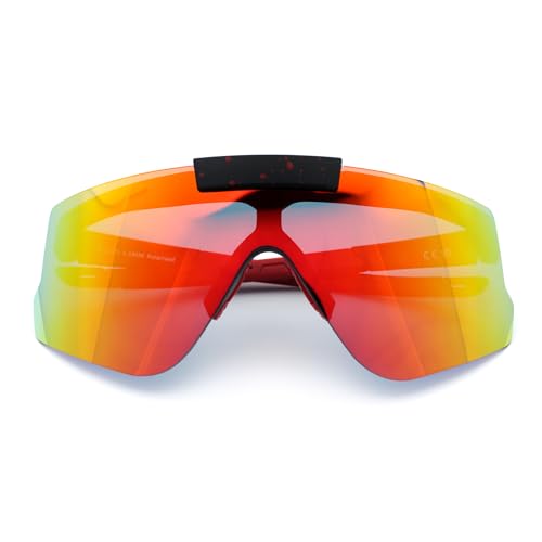 SA106 Polarized Mens Flip Up Rimless Oversized Shield Plastic Sport Sunglasses Black Red - Orange Mirror