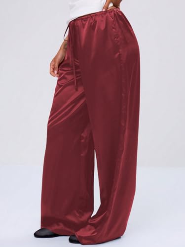 Image of MakeMeChic Women's Summer Satin Silk Pants Casual Flowy Pants Beach Vacation Wide Leg Pants