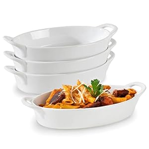 Oval Au Gratin Baking Dishes for Oven Safe and Microwave Cooking and Baking, 4 Pc. Dish Set, Heat Resistant Ceramic with Handles for Serving, Small Mini Casserole Dish, 8” x 5”, 16 oz, White