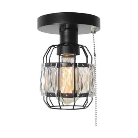 Baiwaiz Crystal Cage Pull String Semi Flush Mount Light, 1-Light Black Metal Modern Industrial Ceiling Light Fixture with Pull Chain Small Round Hallway Closet Ceiling Light Edison E26 162 Cover