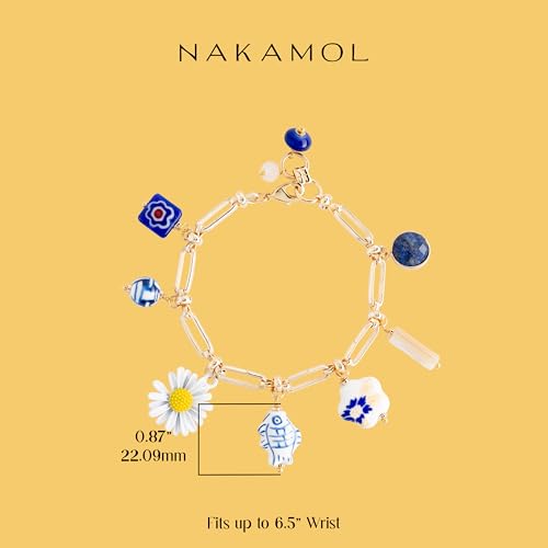 Yellow Tone Brass Paperclip Blue Flower Fish Blue Charm Bracelet2