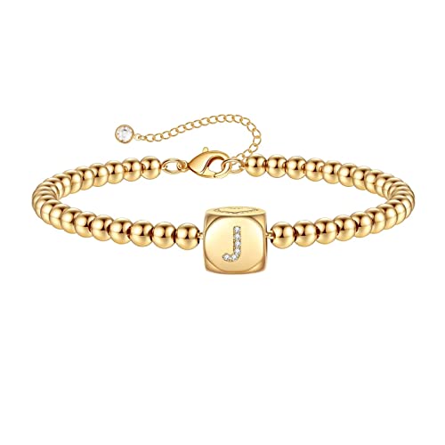 Personalized Gold Initial Bracelets For Women Girls, 14K Gold Filled Charm Initial J Bracelet Adjustable Beaded Bracelet Dainty Gold Initial Bracelets Jewelry For Women Teen Girls Valentines Day Gifts #TOP29