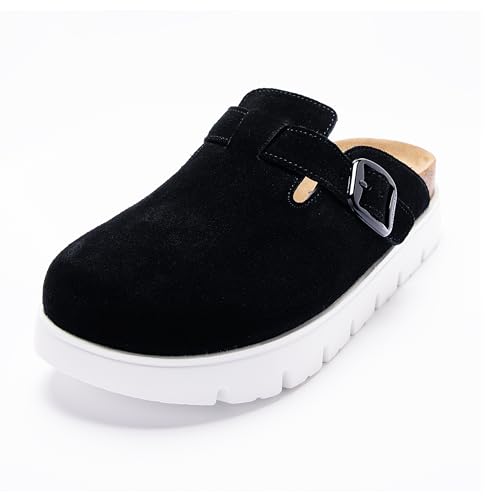 Image of Women's Suede Platform Clogs Leather Mules Slip On Indoor Outdoor Shoes | Arch Support, Cork Footbed, Adjustable Buckle,Water Resistant Upper,All Day Comfort