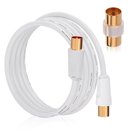 RELIAGINT TV Aerial Cable 1m 75 Ohm Coaxial Lead IEC 9.5mm Male to Male 3C2V Pure Copper Dual Shielded Straight Connector Female to Female Adaptor Included White