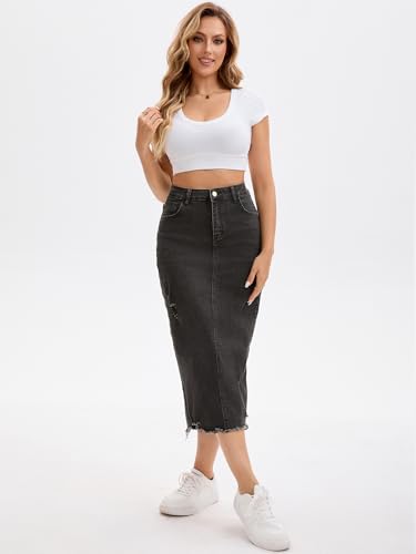 Women's Denim Skirt High Waisted Stretch Ripped Raw Hem Split Casual Midi Pencil Skirt Jean Skirts3