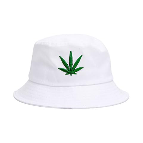Sun Bucket Hat Marijuana | Cannabis Leaf Front Embroidred for UV Bucket Cotton Hats Unisex Packable - White - One size Cover
