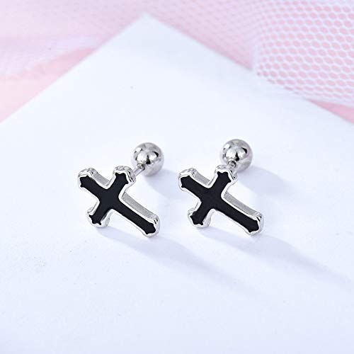 Black Cross Stud Earrings S925 Sterling Silver for Women Men Minimalist Punk Cartilage Small Helix Screw Back Tragus Piercing Ear Studs 20G Hypoallergenic Fashion Jewelry for Halloween Party4