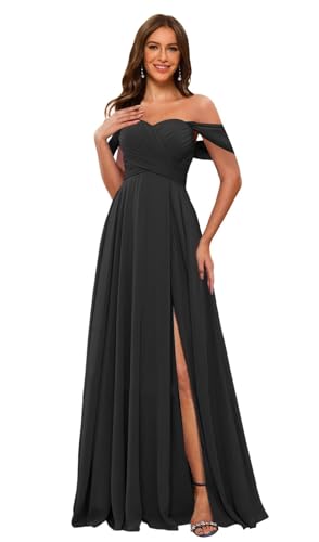 Dessiny Women's Off Shoulder Bridesmaid Dresses with Slit Long Ruched Formal Evening Dress with Pockets DE107