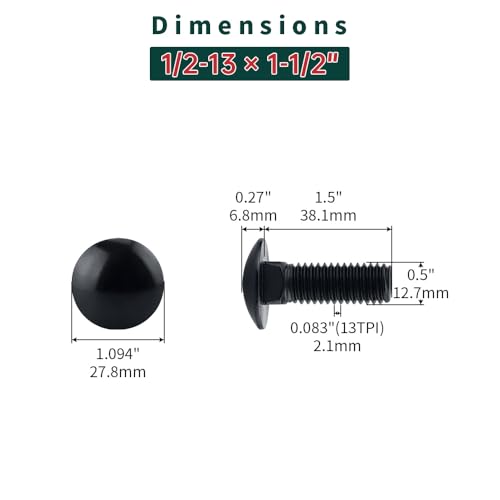 Image of 1 /2-13 x 1-1 /2 inch Black Carriage Bolts with Nuts and Washers Kits (8 Sets), 304 Stainless Steel 18 /8, Black Finish, Round Head, Square Neck, Heavy Duty Bolts, Indoor Outdoor Fastening Bolts, Fayeploo