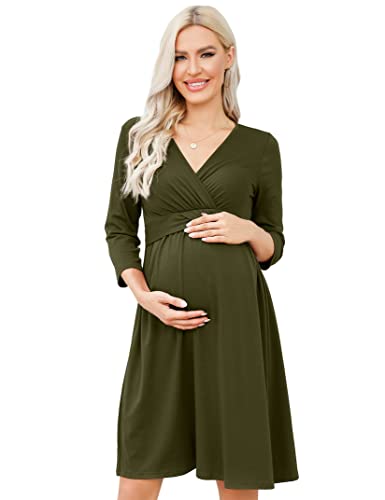 knee length dresses for ladies Maternity Deep V Neck Sheer Sleeves Sequined Mesh Photography Dress Khaki / M